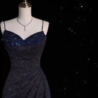 Dreamy Starry Dark Blue Strapless Fishtail Dress with Sequined Lace Evening Dress - Thumbnail 6