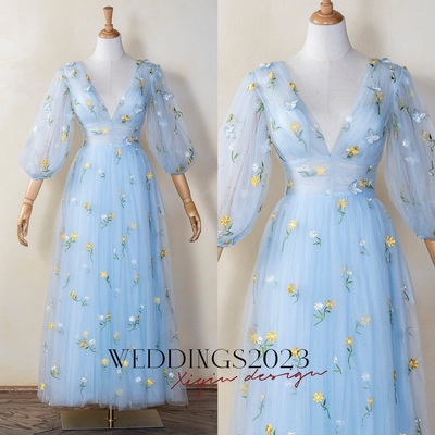 Light blue gauze prom dress with embroidered butterfly, deep v neck and long sleeves evening dress