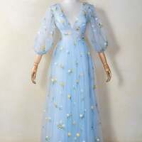 Light Blue Gauze Prom Dress with Embroidered Butterfly, Deep V Neck and Long Sleeves Evening Dress - Thumbnail 4