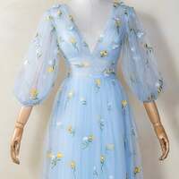 Light Blue Gauze Prom Dress with Embroidered Butterfly, Deep V Neck and Long Sleeves Evening Dress - Thumbnail 2