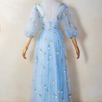 Light Blue Gauze Prom Dress with Embroidered Butterfly, Deep V Neck and Long Sleeves Evening Dress - Thumbnail 1
