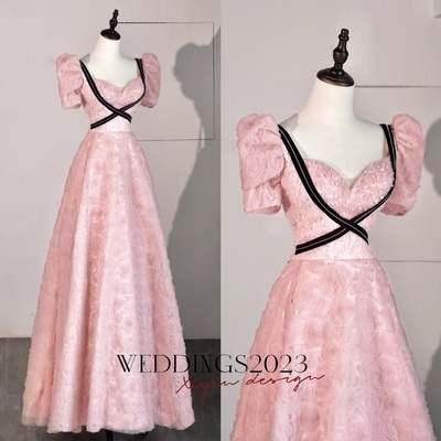 Dreamy pink puff sleeve lace long prom dress, cross black belt waist slimming, elegant and romantic evening dress - Thumbnail 5
