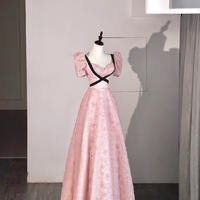 Dreamy Pink Puff Sleeve Lace Long Prom Dress, Cross Black Belt Waist Slimming, Elegant and Romantic Evening Dress - Thumbnail 1