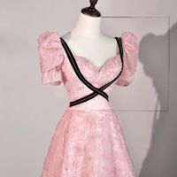 Dreamy Pink Puff Sleeve Lace Long Prom Dress, Cross Black Belt Waist Slimming, Elegant and Romantic Evening Dress - Thumbnail 2