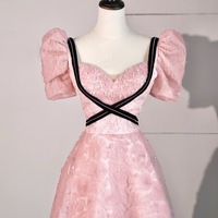 Dreamy Pink Puff Sleeve Lace Long Prom Dress, Cross Black Belt Waist Slimming, Elegant and Romantic Evening Dress - Thumbnail 3