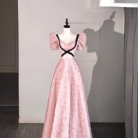 Dreamy Pink Puff Sleeve Lace Long Prom Dress, Cross Black Belt Waist Slimming, Elegant and Romantic Evening Dress - Thumbnail 5