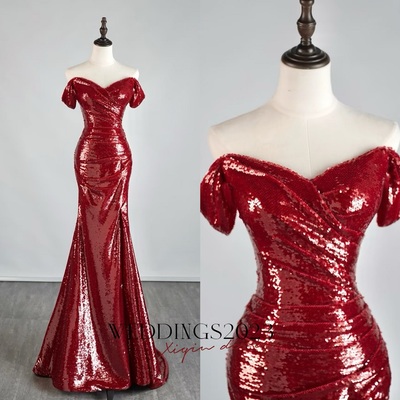  red sequined strapless mermaid slit floor length evening dress