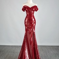  Red Sequined Strapless Mermaid Slit Floor Length Evening Dress - Thumbnail 1