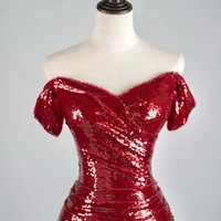  Red Sequined Strapless Mermaid Slit Floor Length Evening Dress - Thumbnail 2