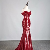  Red Sequined Strapless Mermaid Slit Floor Length Evening Dress - Thumbnail 5