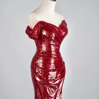  Red Sequined Strapless Mermaid Slit Floor Length Evening Dress - Thumbnail 6