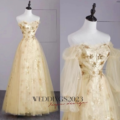 Light gold sweetheart neckline strapless embroidered detachable puff sleeves lace tulle prom dresses