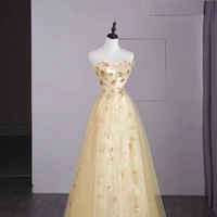 Light Gold Sweetheart Neckline Strapless Embroidered Detachable Puff Sleeves Lace Tulle Prom Dresses - Thumbnail 5