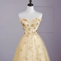 Light Gold Sweetheart Neckline Strapless Embroidered Detachable Puff Sleeves Lace Tulle Prom Dresses - Thumbnail 6