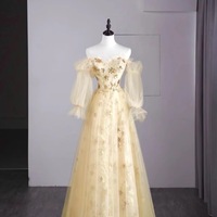 Light Gold Sweetheart Neckline Strapless Embroidered Detachable Puff Sleeves Lace Tulle Prom Dresses - Thumbnail 1