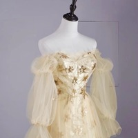 Light Gold Sweetheart Neckline Strapless Embroidered Detachable Puff Sleeves Lace Tulle Prom Dresses - Thumbnail 2