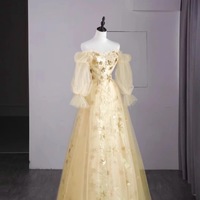 Light Gold Sweetheart Neckline Strapless Embroidered Detachable Puff Sleeves Lace Tulle Prom Dresses - Thumbnail 3