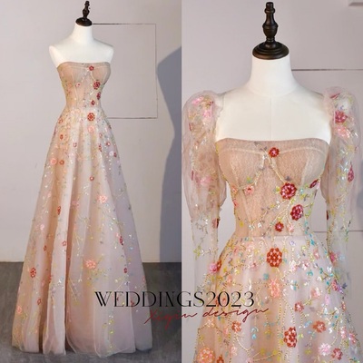 Romantic Fantasy Flower Fairy Light Pink Three-Dimensional Floral Embroidery Sequin Decoration Prom Dresses