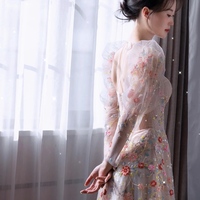 Romantic Fantasy Flower Fairy Light Pink Three-Dimensional Floral Embroidery Sequin Decoration Prom Dresses - Thumbnail 7