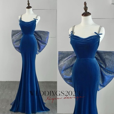 Elegant spaghetti strap blue velvet mermaid evening dress with detachable bow