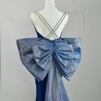 Elegant Spaghetti Strap Blue Velvet Mermaid Evening Dress with Detachable Bow - Thumbnail 6