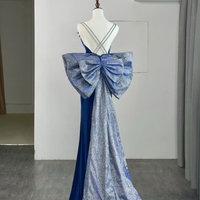 Elegant Spaghetti Strap Blue Velvet Mermaid Evening Dress with Detachable Bow - Thumbnail 3