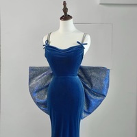 Elegant Spaghetti Strap Blue Velvet Mermaid Evening Dress with Detachable Bow - Thumbnail 7
