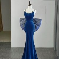 Elegant Spaghetti Strap Blue Velvet Mermaid Evening Dress with Detachable Bow - Thumbnail 1