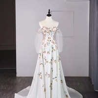 Hot Selling Ivory Embroidered Applique Strapless Detachable Long Sleeve Wedding Dress with Train - Thumbnail 1