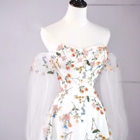 Hot Selling Ivory Embroidered Applique Strapless Detachable Long Sleeve Wedding Dress with Train - Thumbnail 2