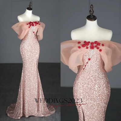 Pink Sequined Fishtail Strapless Handmade Rose Pearl Decoration Slit Floor Length Evening Dresses