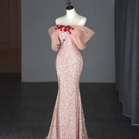 Pink Sequined Fishtail Strapless Handmade Rose Pearl Decoration Slit Floor Length Evening Dresses - Thumbnail 3