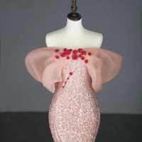 Pink Sequined Fishtail Strapless Handmade Rose Pearl Decoration Slit Floor Length Evening Dresses - Thumbnail 1