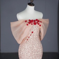Pink Sequined Fishtail Strapless Handmade Rose Pearl Decoration Slit Floor Length Evening Dresses - Thumbnail 2