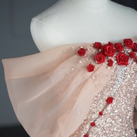 Pink Sequined Fishtail Strapless Handmade Rose Pearl Decoration Slit Floor Length Evening Dresses - Thumbnail 5