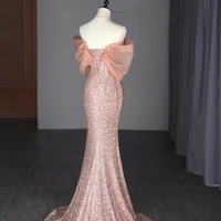 Pink Sequined Fishtail Strapless Handmade Rose Pearl Decoration Slit Floor Length Evening Dresses - Thumbnail 6