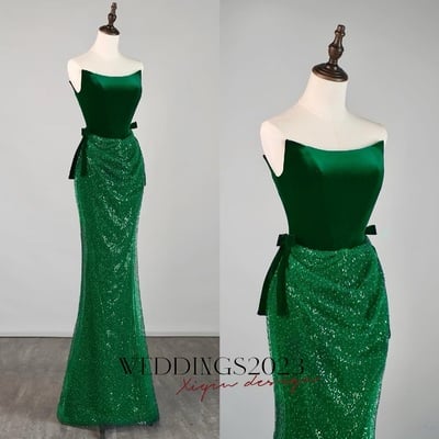 Elegant green strapless beaded lace mermaid lace up prom dresses with train 