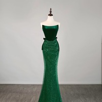 Elegant Green Strapless Beaded Lace Mermaid Lace Up Prom Dresses with Train  - Thumbnail 4