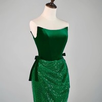 Elegant Green Strapless Beaded Lace Mermaid Lace Up Prom Dresses with Train  - Thumbnail 1