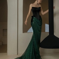 Elegant Green Strapless Beaded Lace Mermaid Lace Up Prom Dresses with Train  - Thumbnail 3