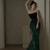 Elegant Green Strapless Beaded Lace Mermaid Lace Up Prom Dresses with Train  - Thumbnail 2