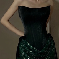 Elegant Green Strapless Beaded Lace Mermaid Lace Up Prom Dresses with Train  - Thumbnail 4