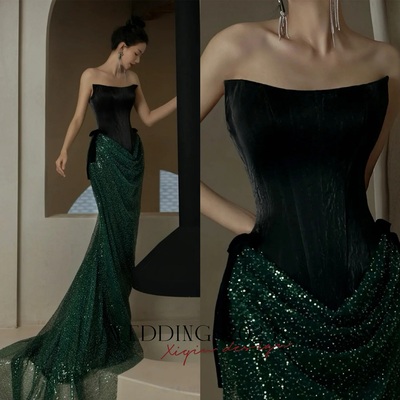 Elegant green strapless beaded lace mermaid lace up prom dresses with train 