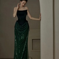 Elegant Green Strapless Beaded Lace Mermaid Lace Up Prom Dresses with Train  - Thumbnail 1