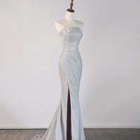 Sexy Silver Strapless Slit Floor Length Evening Eress - Thumbnail 1