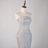 Sexy Silver Strapless Slit Floor Length Evening Eress - Thumbnail 4