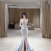 Sexy Silver Strapless Slit Floor Length Evening Eress - Thumbnail 6