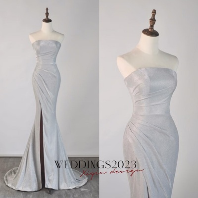Sexy Silver Strapless Slit Floor Length Evening Eress