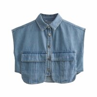 Solid color large pocket sleeveless high-end cardigan Polo collar denim shirt top - Thumbnail 2