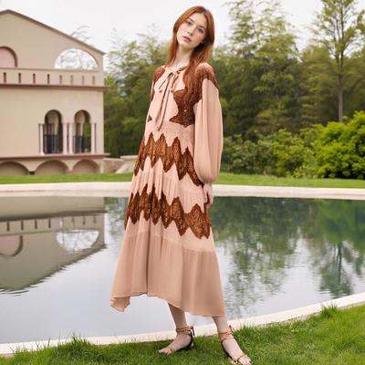 Temperament bow stitching lace dress long skirt